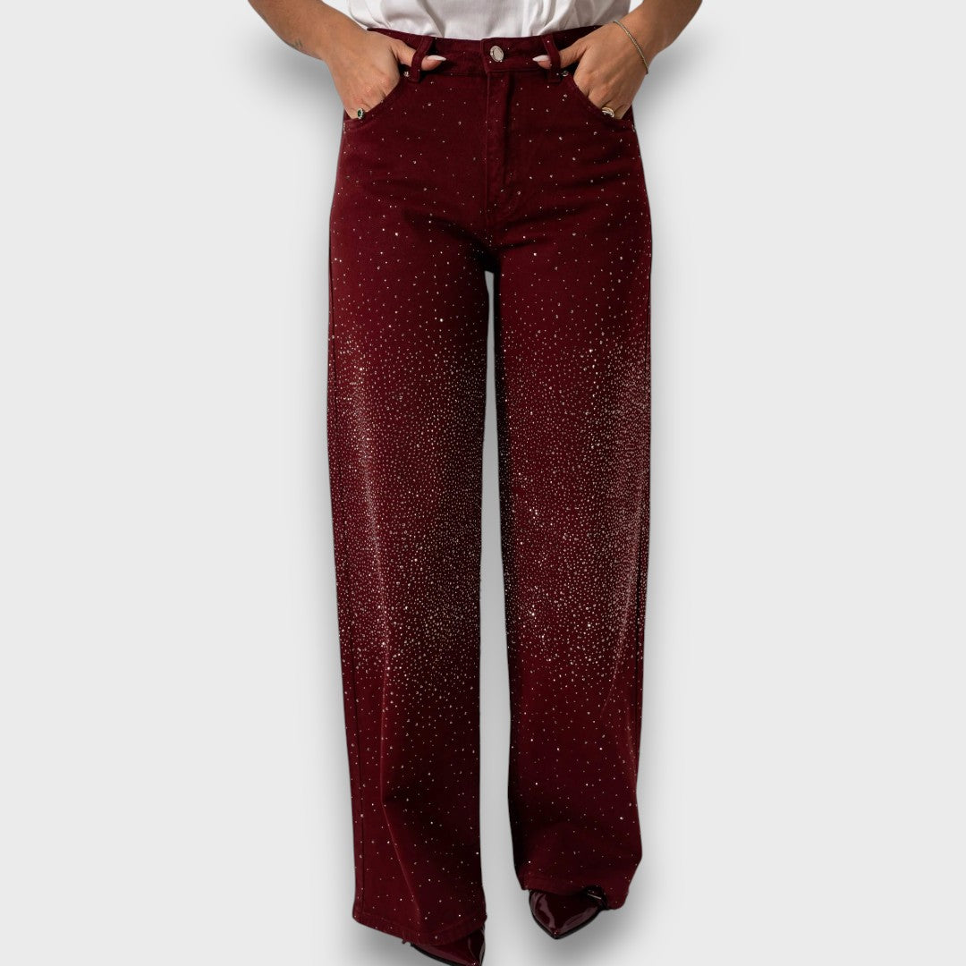 Marvie – Jeans a gamba larga con strass in Bordeaux